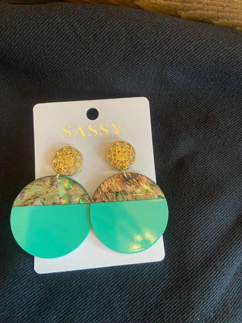 Teal and gold round earrings